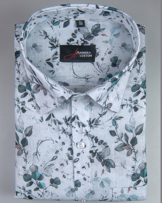 Rusiyano Linen White With Rama Black Flower Print Men’s Shirt