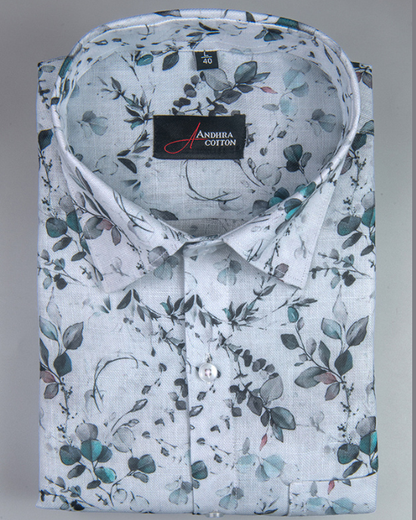 Rusiyano Linen White With Rama Black Flower Print Men’s Shirt