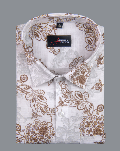 Linen White With Maroon Flower Print Shirts for Men