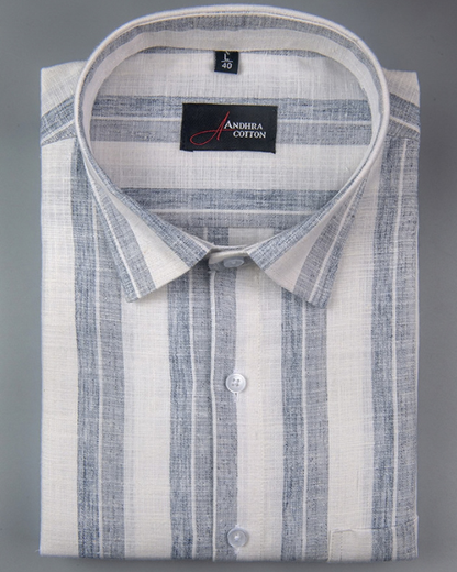 Soft Linen White with Blue Grey Mix Broad Patta Shirts for Men
