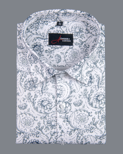 Linen White With Gray Flower Print Shirts for Men