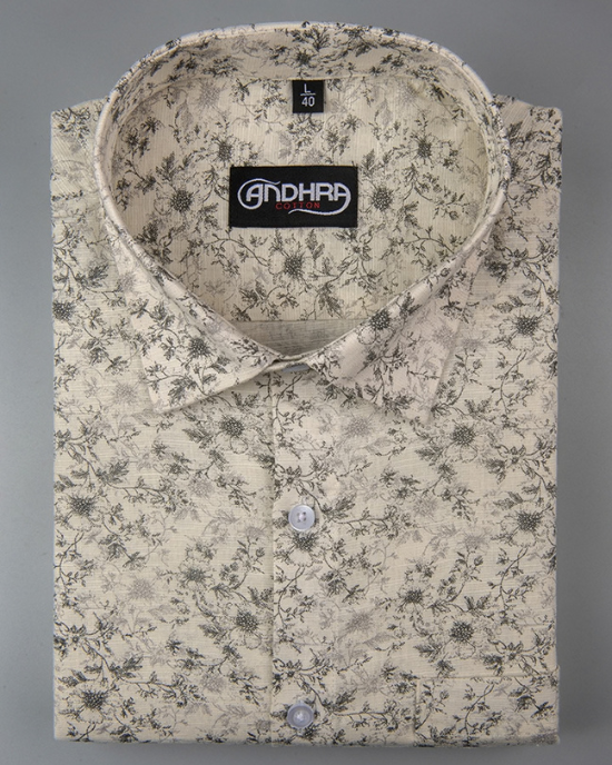 Slub Linen Fone with Mehandi Flower Print Shirts for Men