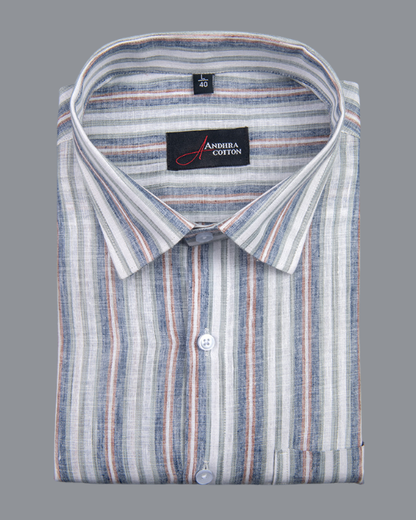 Super Fine Linen White with Blue Gray Mix Patta Print Shirts for Men