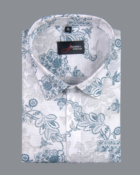 Linen White With Rama Colour Flower Print Shirts for Men