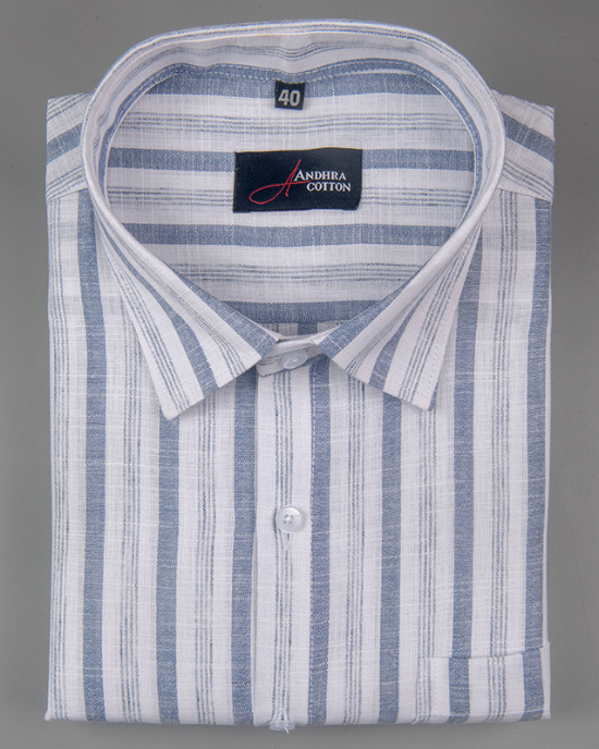 Soft Linen White with Blue Mix Patta Print Shirts for Men
