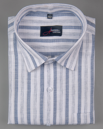Soft Linen White with Blue Mix Patta Print Shirts for Men