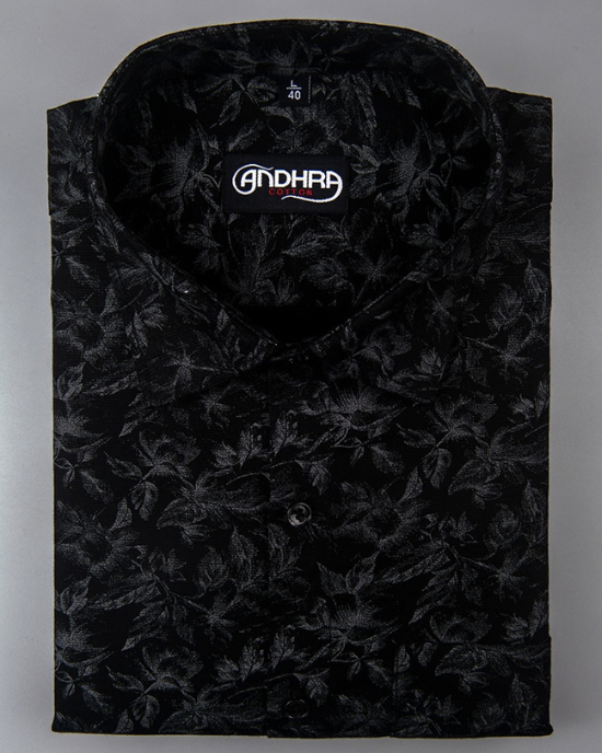 Slub Linen Black Print Shirts for Men