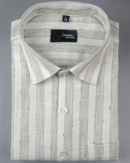 Soft Jute Linen White with Pista Green Patta Shirts for Men