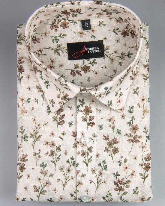 Rusiyano Linen Cream With Green Marrun Leaf Print Shirts