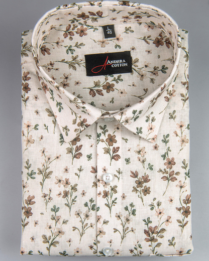 Rusiyano Linen Cream With Green Marrun Leaf Print Shirts
