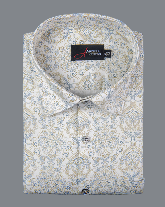 New Cotton Cream with Rajwada Print Shirts for Men