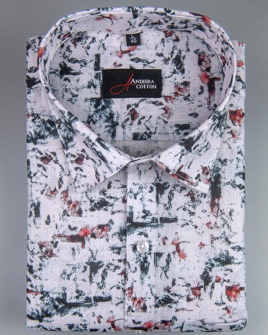 Rusiyano Linen White With Black And Red Mixed Print Shirts