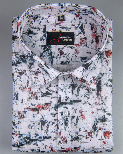 Rusiyano Linen White With Black And Red Mixed Print Shirts