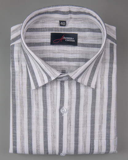 Soft Linen White with Grey Mix Patta Print Shirts for Men