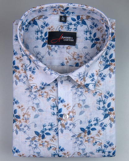Rusiyano Linen White With Blue Maroon Leaf Print Shirts For Men