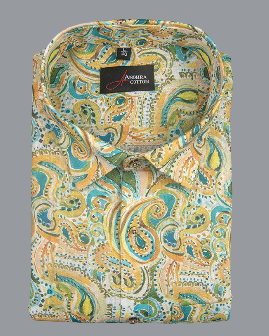 Rusiyano Linen Yellow Rama Pathan Print Shirts for Men