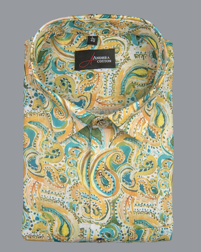 Rusiyano Linen Yellow Rama Pathan Print Shirts for Men