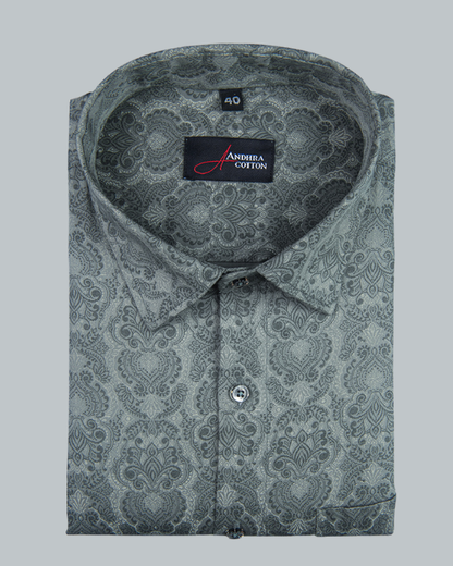Cotton Bottle Green Rajwada Print Shirts for Men