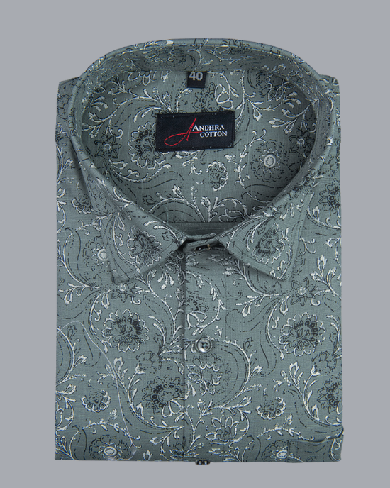 Linen Bottle Green With White Flower Print Shirts for Men