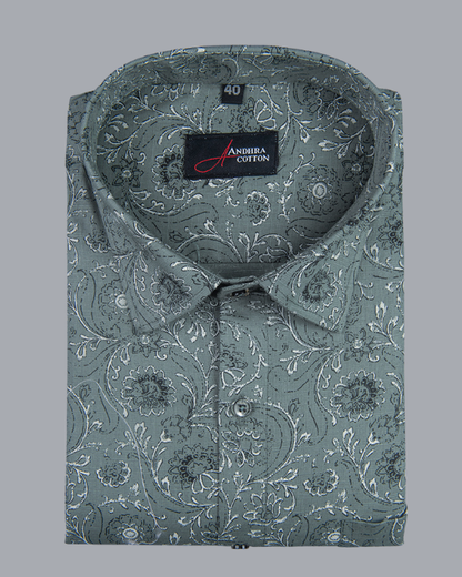 Linen Bottle Green With White Flower Print Shirts for Men