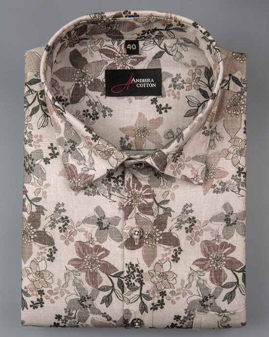Digital Light Brown White Dark Brown Flower Print Shirts for Men