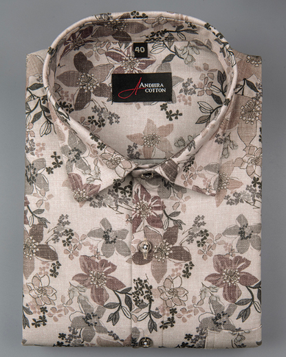 Digital Light Brown White Dark Brown Flower Print Shirts for Men