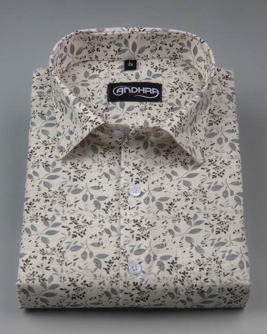 Slub Linen Cream with Gray Flower Print Shirts for Men