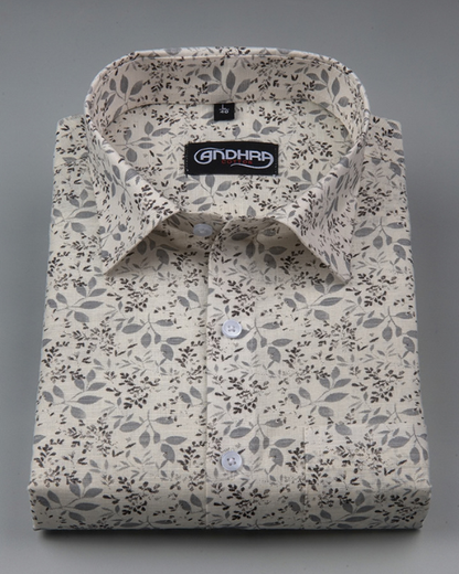 Slub Linen Cream with Gray Flower Print Shirts for Men