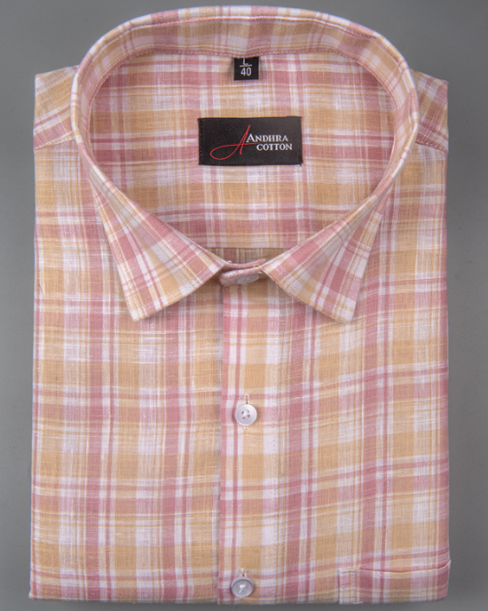 Corporate Cotton Pink Yellow Checks Shirts for Men