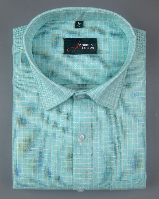 Jute Linen Sky Blue with White Checks Shirts for Men