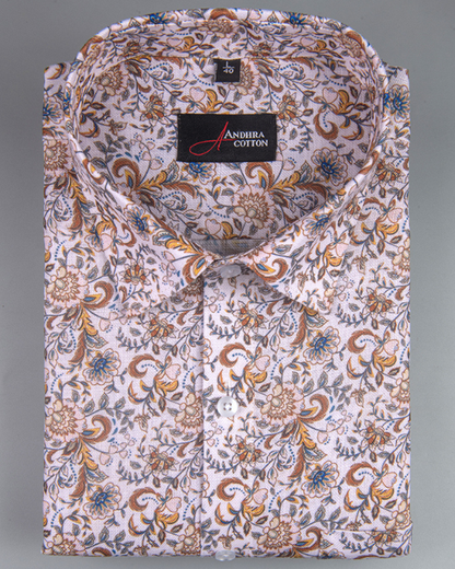 Rusiyano Linen Golden Yellow With Marrun Flower Print Shirts