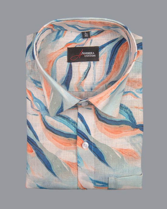 Rusiyano Linen Blue Orange Sparkle Print Shirts for Men