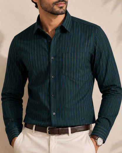 Cotton Dark Rama Green with Golden Lining Shirts for Men