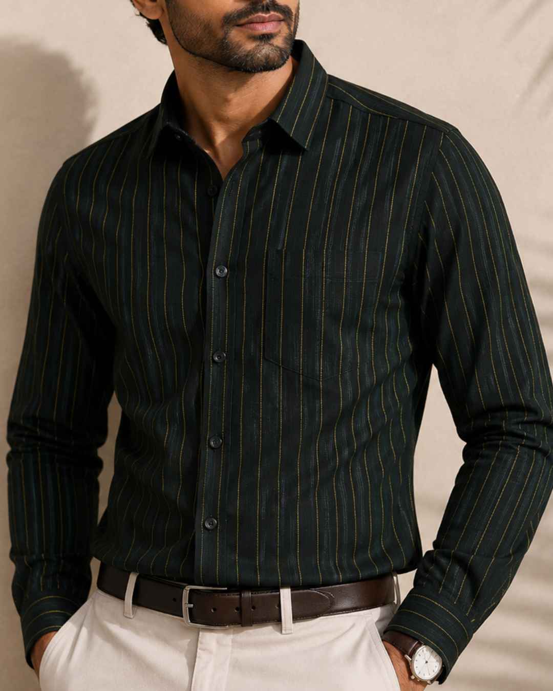 Cotton Dark Mahendi Green with Golden Lining Shirts for Men