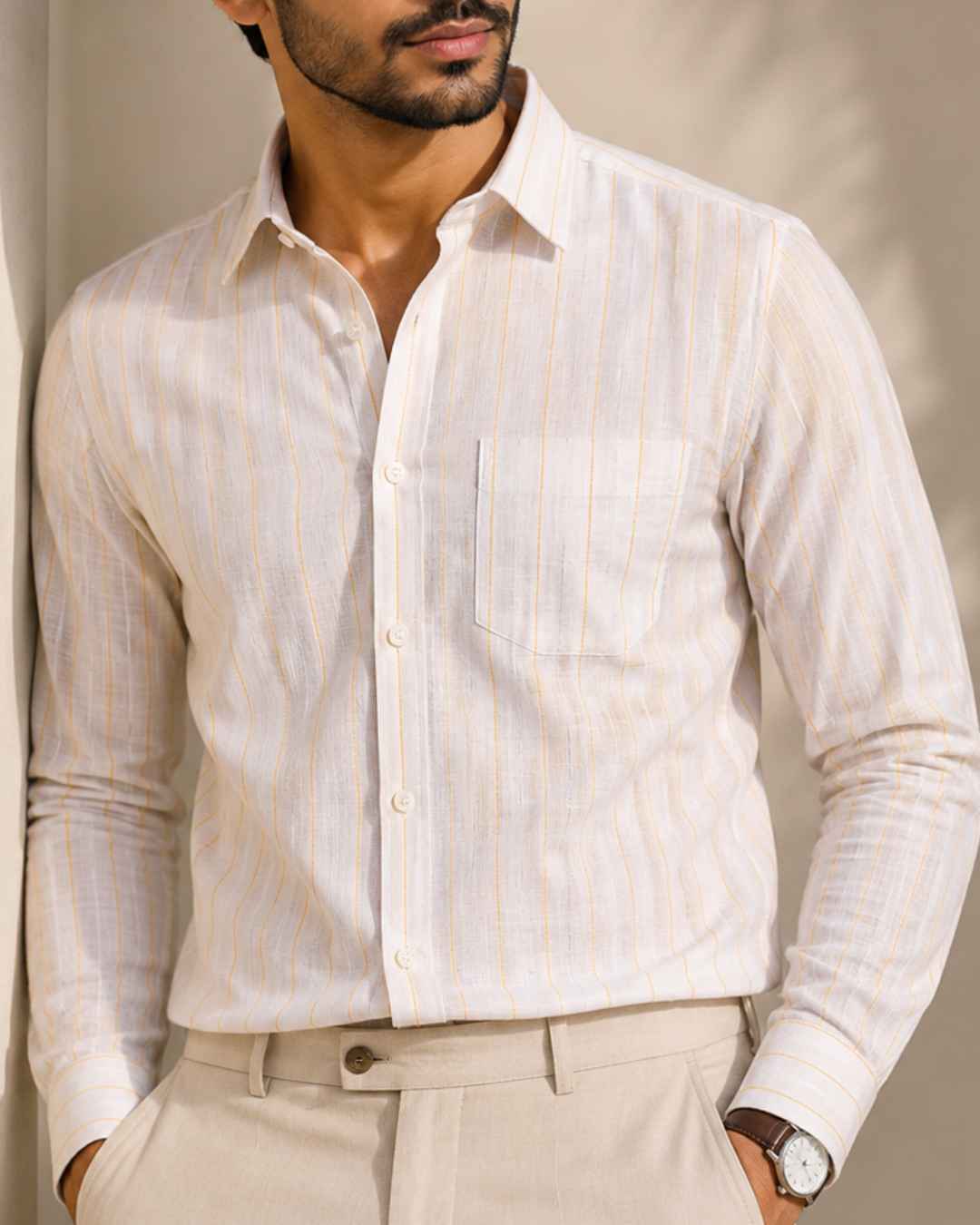 Cotton White with Golden Lining Shirts for Men