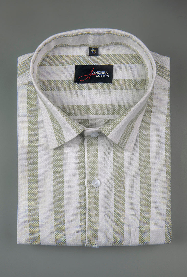 Jute Linen White with Pista Green Patta Shirts for Men