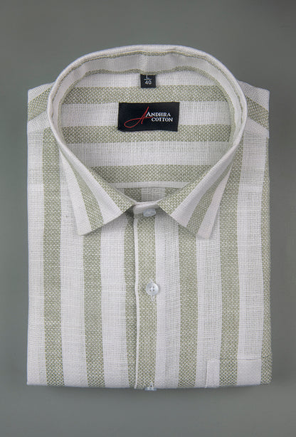 Jute Linen White with Pista Green Patta Shirts for Men