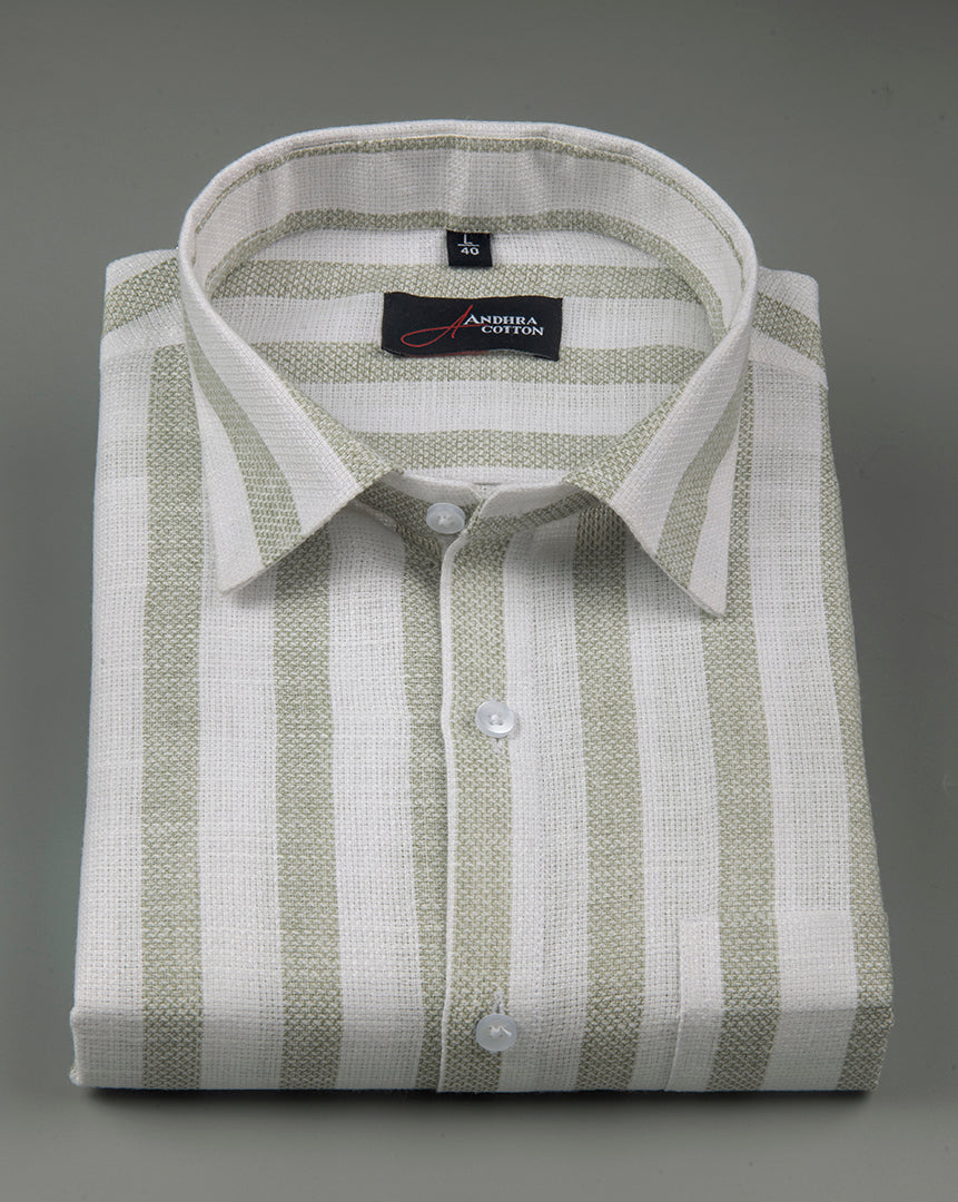 Jute Linen White with Pista Green Patta Shirts for Men