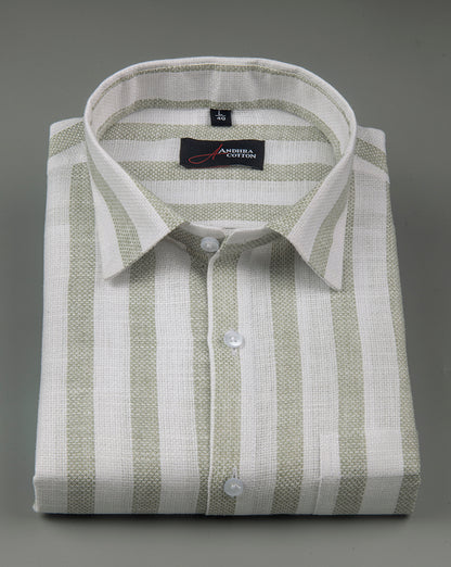 Jute Linen White with Pista Green Patta Shirts for Men
